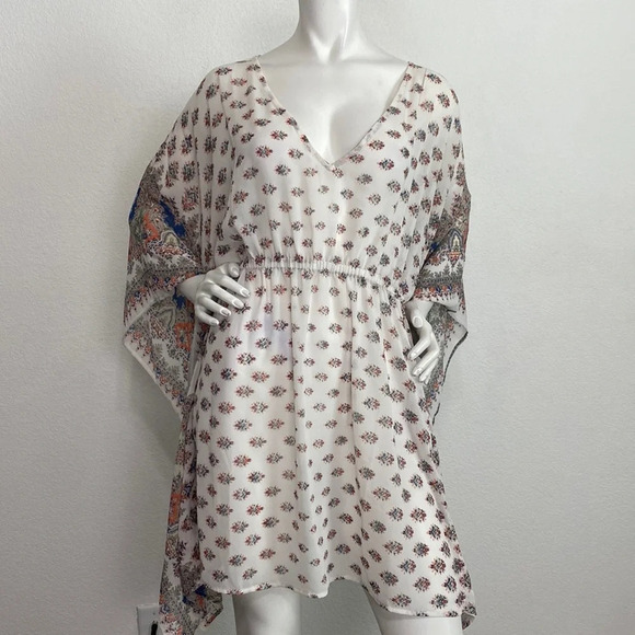 Earthbound Hand Block Print Flared Sleeves V-Neck Kaftan Mini Dress Size XL - Picture 1 of 9